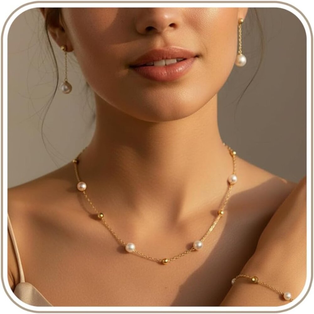 Gold Jewelry Sets For Women, Gold Pearl Dangle Earrings Bracelets Necklaces Set,